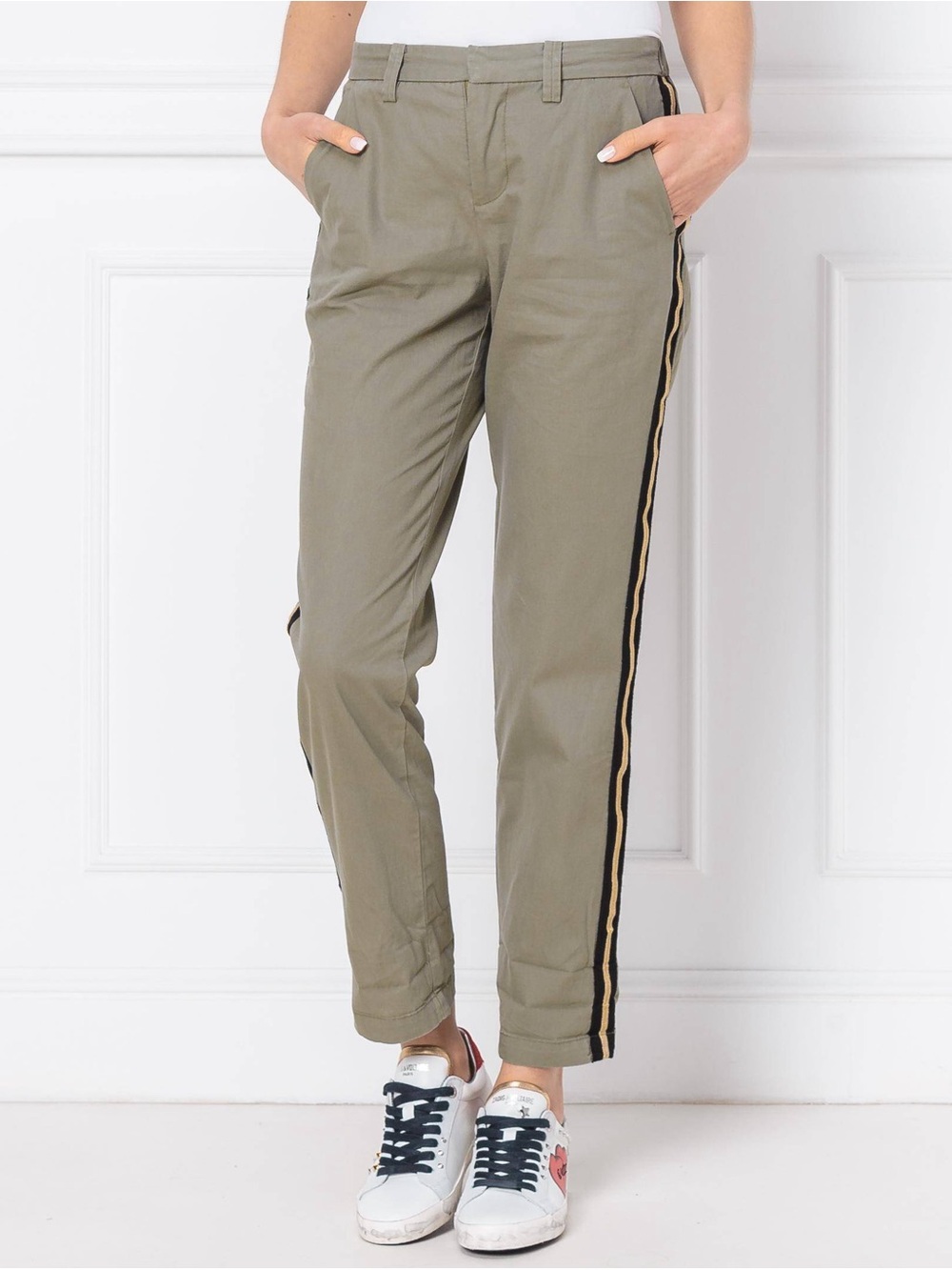 Zadig & Voltaire Pomelo Trouser Pant Side Gold Black Stripes Khaki Green XS (34)
